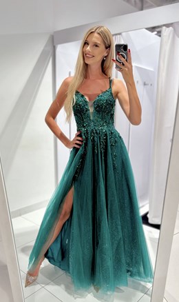 Sukienka długa gorset tiul brokat zieleń