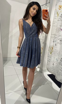 Sukienka krótka ramiączka dekolt brokat grafit