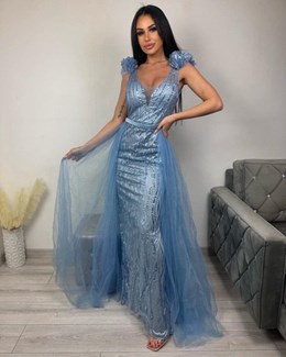 Sukienka długa cekinowa rybka ozdoba tiul błękit