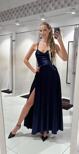 Sukienka długa wiązanie plecy satyna granat