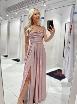 Sukienka długa wiązanie plecy brokat róż