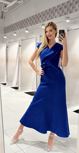 Sukienka długa rękawek pasek róża chaber