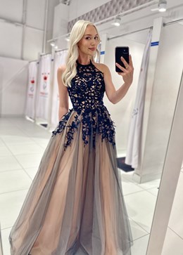 Sukienka długa tiul koronka na szyję beż/czerń