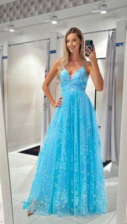 Sukienka długa tiul wiązanie plecy błękit