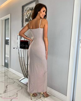 Sukienka długa ramiączka zamek błyszcząca beż