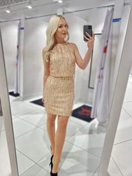 Sukienka krótka frędzle cekiny beż/złoto