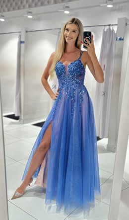 Sukienka długa gorset tiul brokat puder/jeans