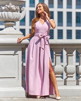 Sukienka długa pas rozcięcie błyszcząca brudny róż