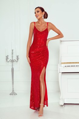 Sukienka długa cekinowa dekolt w łódkę czerwień