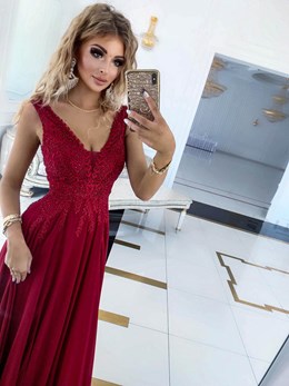 Sukienka długa zdobiona góra bordo