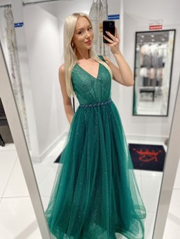Sukienka długa zdobienie tiul perły brokat zieleń