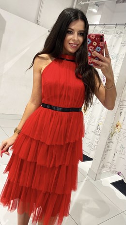 Sukienka midi tiul plecy falbany czerwień