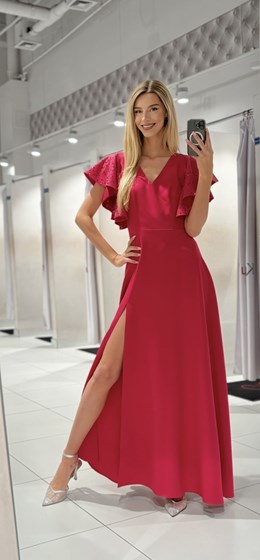 Sukienka długa rękawek falbanka cekiny malina