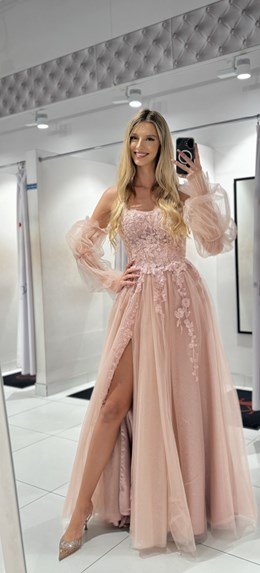 Sukienka długa rękawki gorset tiul brokat róż