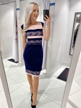 Sukienka krótka dopasowana pasy granat/róż