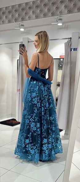 Sukienka długa balowa brokatowe kwiaty turkus