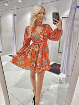 Sukienka krótka koszulowa rękaw print pomarańcz