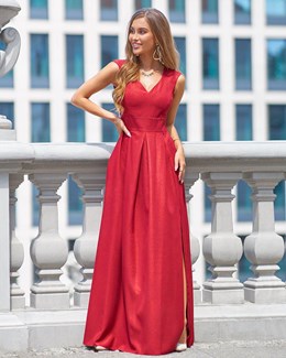 Sukienka długa pas rozcięcie błyszcząca czerwień