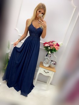 Sukienka długa z dekoltem na ramiączkach granat