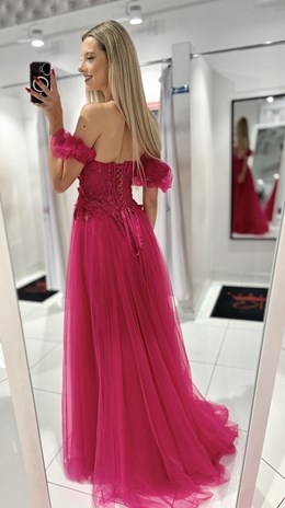 Sukienka długa gorset rękawek tiul fuksja