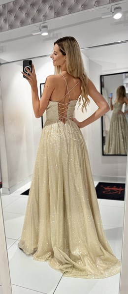 Sukienka długa gorset wiązanie plecy złoto