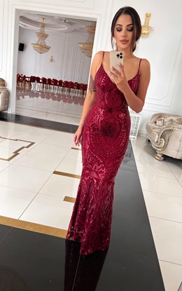 Sukienka długa ramiączka cekin bordowy