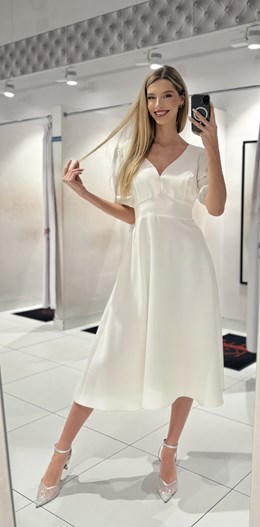 Sukienka midi rękawek 3/4 pas wiązanie biel