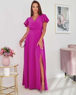 Sukienka długa rękawki dekolt magenta