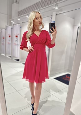 Sukienka krótka rękaw pas malina