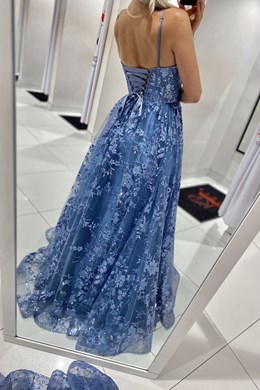 Sukienka długa balowa brokatowe kwiaty jeans