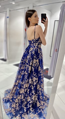 Sukienka długa balowa brokatowe kwiat granat/złoto