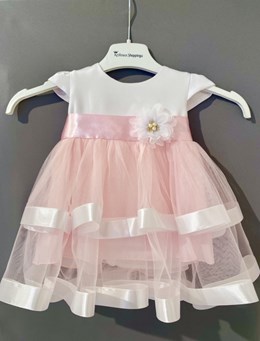 Sukienka dziecięca falbanki tiul kwiat biel/róż