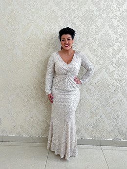 Sukienka długa cekin długi rękaw srebro