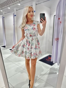 Sukienka krótka ściągacz pas kwiaty biel