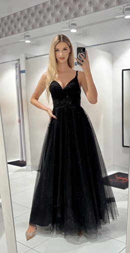 Sukienka długa tiul brokat koronka wiązanie czerń