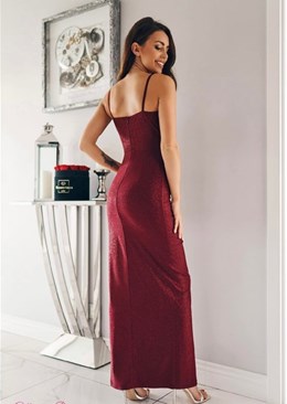 Sukienka długa ramiączka zamek błyszcząca bordo