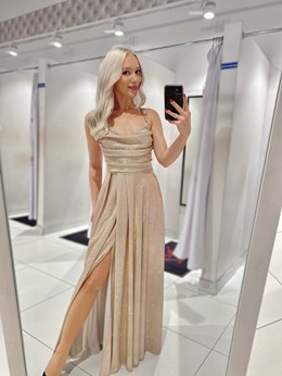 Sukienka długa wiązanie plecy brokat złoto