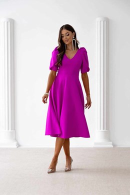 Sukienka midi rękawek dekolt V wiązanie fuksja