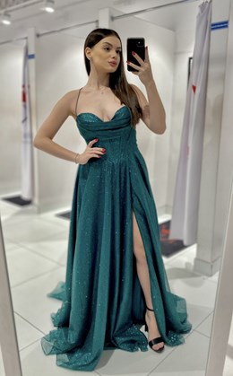 Sukienka długa gorset wiązanie plecy brokat zieleń