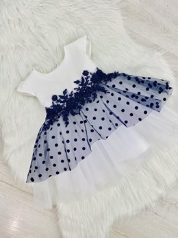 Sukienka dziecięca w groszki tiul biel/granat