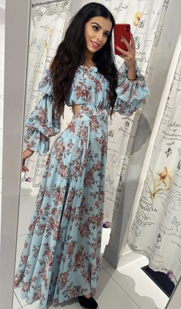 Sukienka długa hiszpanka rękaw kwiaty błękit