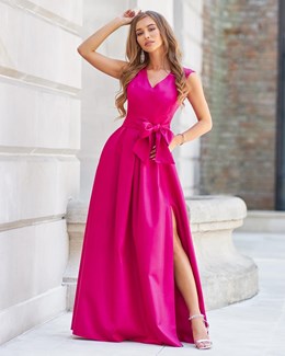 Sukienka długa pas rozcięcie błyszcząca fuksja