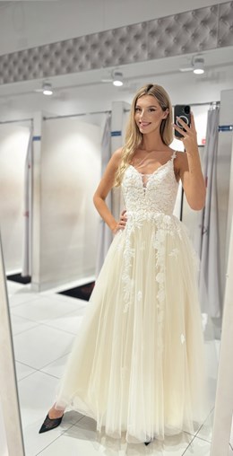 Sukienka długa tiul ramiączka koronka beż/biel