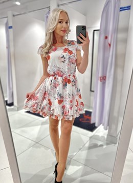 Sukienka krótka ściągacz pas kwiaty biel/róż