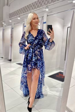 Sukienka asymetryczna rękaw print granat