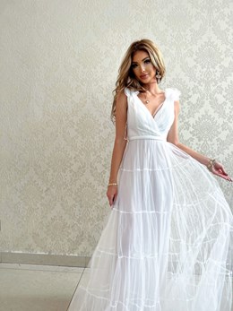 Sukienka długa tiul falbanki na ramionach biel