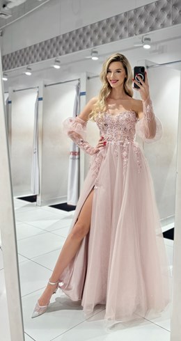 Sukienka długa gorset rękawek koronka tiul róż