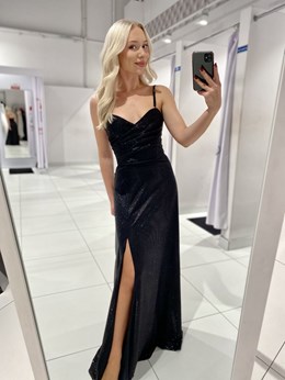 Sukienka długa ramiączka marszczenie brokat czerń