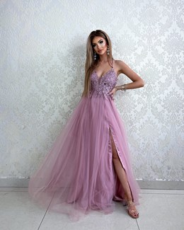 Sukienka długa tiulowa ramiączka koronka wrzos