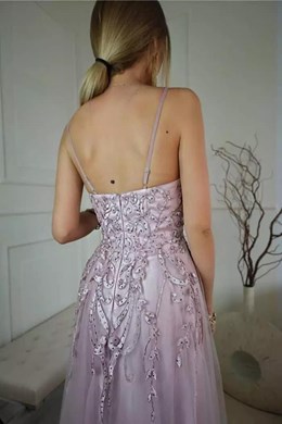 Sukienka długa tiul zdobienie listki wrzos